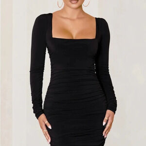 Tiger Mist Square Neck Ruched Fitted Mini Bodycon Dress with Tie Sides​​​​